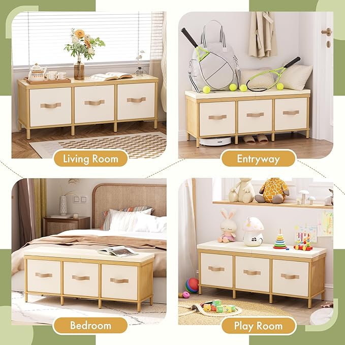Storage Bench, 43.3" Bamboo Storage Chest with 3 Drawers, Entryway Bench with Cushioned Seat, End of Bed Bench with Storage Toy Box, Toy Chest Storage Bench for Entryway, Living Room, Bedroom