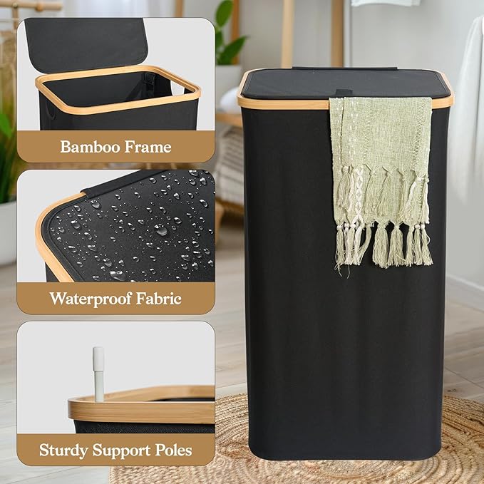 Laundry Baskest with Lid, 100L Large Tall Laundry Hamper with Removable Bag, Collapsible Laundry Hamper for Bedroom, Bathroom, Dorm, Laundry Room, Black
