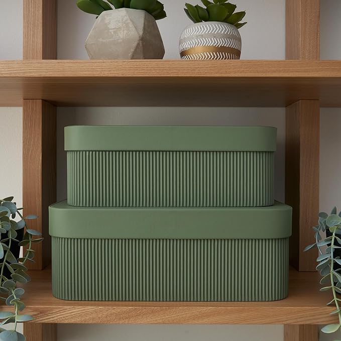 Decorative Storage Boxes with Lids – Set of 2 Beautiful Fluted Cardboard Organizer Bins for Your Home Bookshelf Decor to Safely Store Your Documents, Memory Box Items and Other Keepsakes in Style