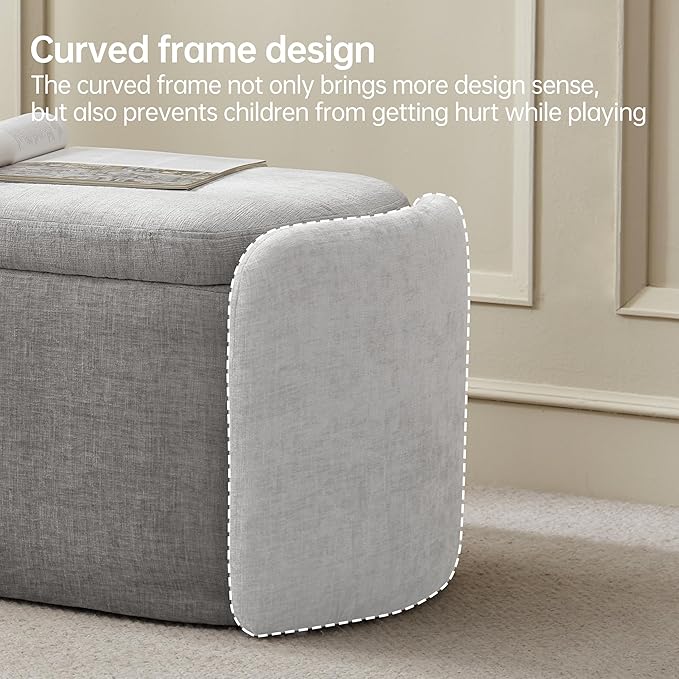 VKNOW Oval Storage Ottoman Bench, 46" Upholstered End of Bed Bench Ottomans Bench Foot Rest, Sherpa Storage Bench for Bedroom, Living Room and Hallway, Light Grey