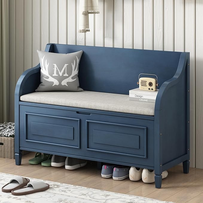 Bellemave Storage Bench with Safety Hinge Wooden Entryway Benches with Shoe Cabinets Under Seat Multifunctional Storage Bench for Entryway, Foyer or a Mudroom (Antique Navy+ Beige)