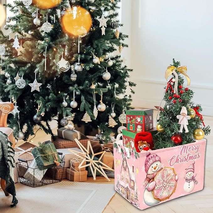 1 Pcs Pink Christmas Theme Storage Basket, Merry Christmas Storage Boxes, Foldable Snowman Decor Storage Boxes, for Family Bedroom Toy Clothing Storage, Xmas Party Decor Gifts