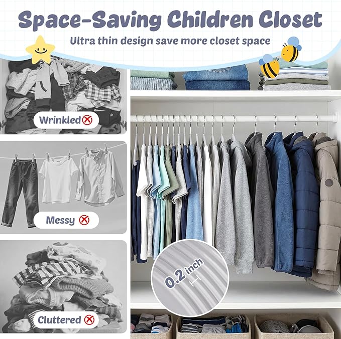 HOUSE DAY 13.5 Inch Kids Hangers 50 Pack - Premium ABS Plastic Clothes Hangers for Kids, Children, Preteens - Space Saving Thin Profile, Strong & Durable Hangers with 360° Swivel Hook - Gray