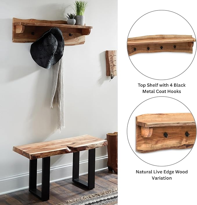 Alaterre Furniture Alpine Natural Live Edge Wood Coat Rack – 36" Solid Wood Wall-Mounted Coat Hook with Top Shelf & 4 Hooks – Modern Farmhouse Storage Organization for Entryway, Hallway, or Mudroom