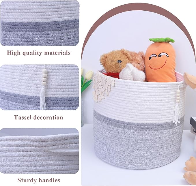 Cotton Rope Storage Bin,Natural Handmade Woven Hamper for Living Room,Blanket Basket for Clothes, Pillows, Towels (gary, 100L)