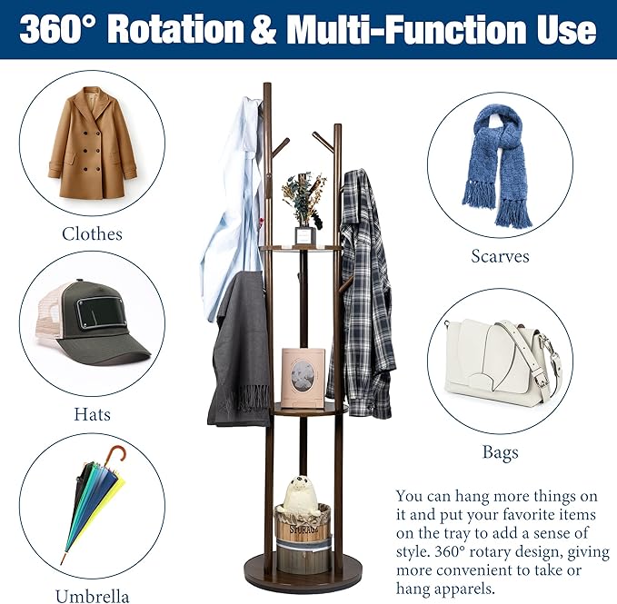 Solid Wood Rotary Coat Rack, Freestanding Coat Rack with 3 Shelves and 9 Hooks, Coat tree for Bedroom, Entryway, Livingroom, Coat Hanger Stand for Coats, Scarves, Handbags (Walnut)
