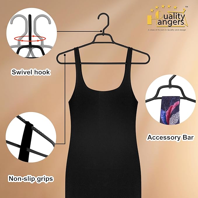 Quality Hangers Heavy Duty Black Plastic Hangers 120-Pack with Swivel Hook | 7mm Thick Non Slip Coat Hangers with Accessory Bar | Ideal Clothes Hangers Plastic for Everyday Use | 17 Inches 120, Black