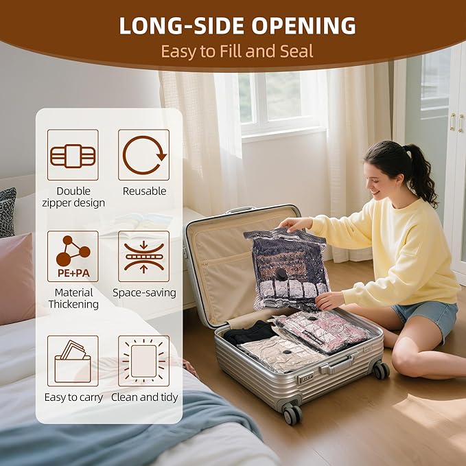 Travel Vacuum Storage Bags with Rechargeable USB Pump, 6 Pack Carry-On Size Compression Packing Bags for Luggage and Suitcase, Space Saver for Clothes and Clothing Travel