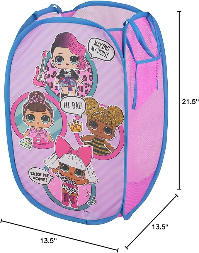 LOL Surprise Pop Up Laundry Hamper,Pink Kids Clothes Storage with Durable Carry Handles, 21" H x 13.5" W x 13.5" L
