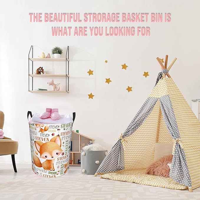 Fox Laundry Basket,Personalized Laundry Hamper for Boys Girls,Custom Laundry Basket With Name, Customized Dirty Clothes Hamper for Bathroom Bedrooms,S-16.5"X 13.8"