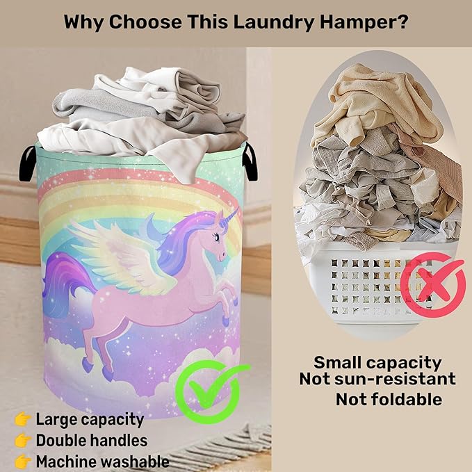 Rainbow Unicorn Foldable Laundry Hamper - Waterproof Fabric Storage Basket with Handles, Clothes Hampers for Laundry,Bedroom,Dorm