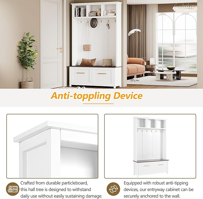 Modern Hall Tree with 6 Golden Hooks, Wood Entryway Coat Hanger with Brown Wood Grain Storage Bench and Top Open Storage Shelves, Versatile 4-in-1 Entryway Coat Rack for Entrance Hallway (White-9.8)