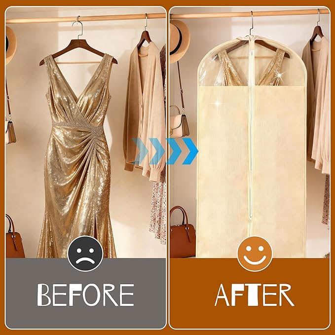 2 Pack 24 x 60 Inches Cotton Garment Bags for Hanging Clothes, Breathable Garment Bags for Long Dress, Fur Coat, Jacket, Gown, Suit, Garments Covers with Clear Window