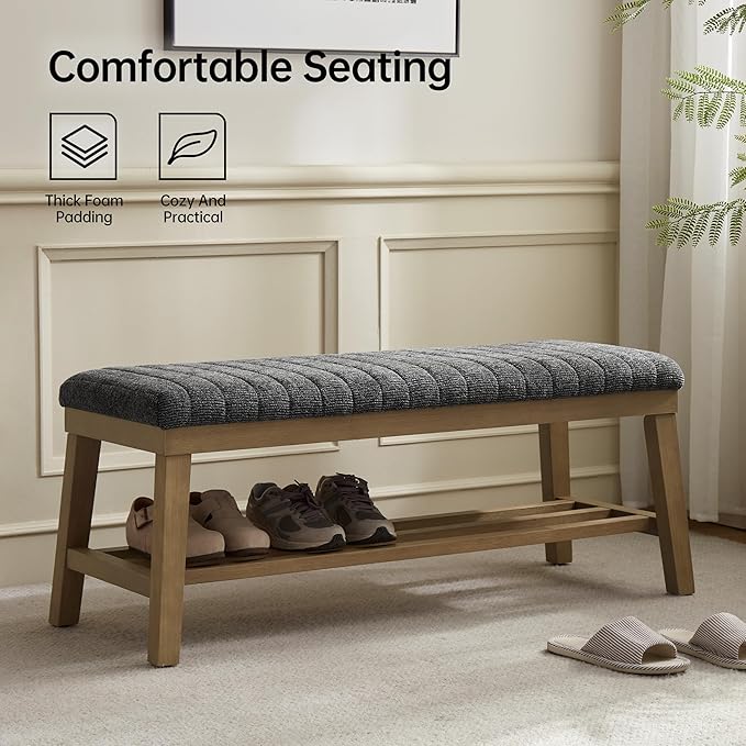 VKNOW Entryway Bench, 44.4" Upholstered Storage Shoe Bench for Entryway & Bedroom, Shoe Rack Bench with Rubberwood Legs, Modern End of Bed Bench for Living Room and Hallway, Black