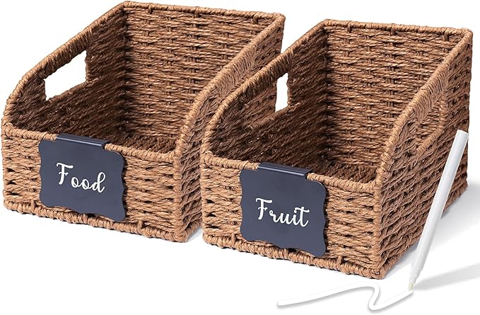 Wicker Baskets for Organizing,Pantry, Kitchen Counter with Handles, Handwoven Woven Storage Baskets for Fruit, Bread, Vegetable, Paper Storage Bins for Shelves, 2 Pack, Small Brown 2 Set