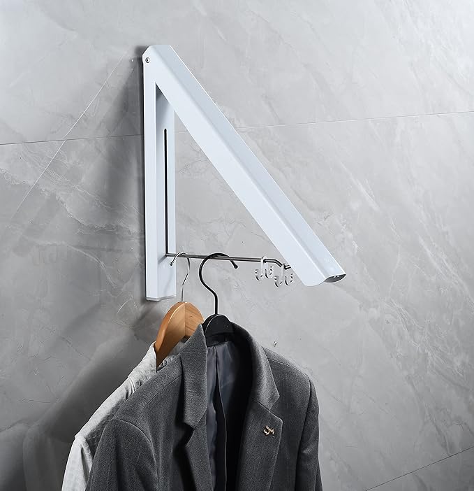 White Retractable Clothes Rack 2 Pack - Wall Mounted Folding Clothes Hanger Drying Rack for Laundry Room Closet Storage Organization