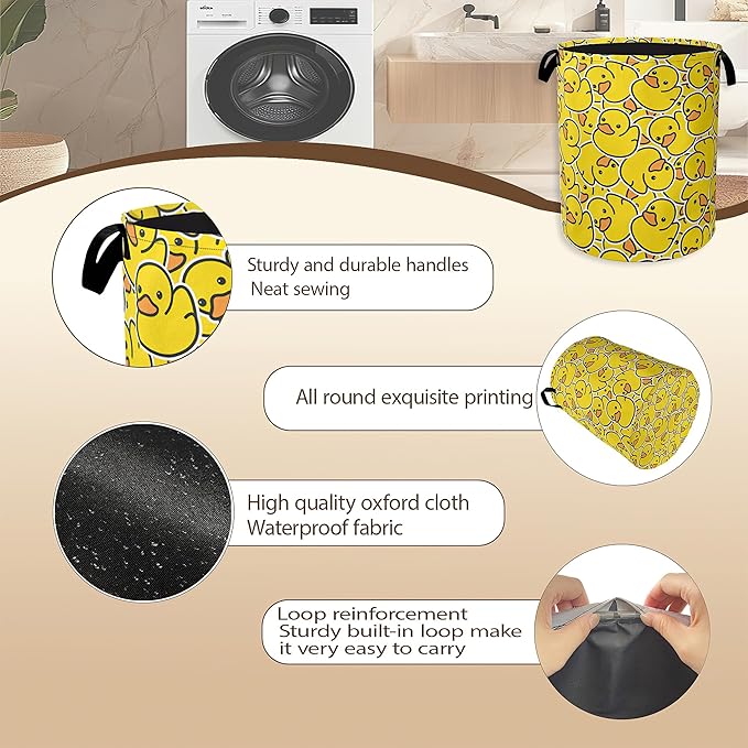 Collapsible Laundry Basket,Yellow Ducks Dirty Clothes Hamper,Cute Cartoon Animal Hampers for Bedroom Waterproof Oxford Cloth Storage Organizer for Bathroom,Nursery,Dorm,16x20 Inch