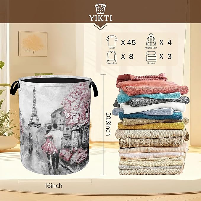 Laundry Hamper,Eiffel Tower Laundry Basket,Pink Flowers Portable Collapsible Laundry Room Organization Storage for Dorm Room,Nursery,Bathroom,Bedroom,16x20 Inch