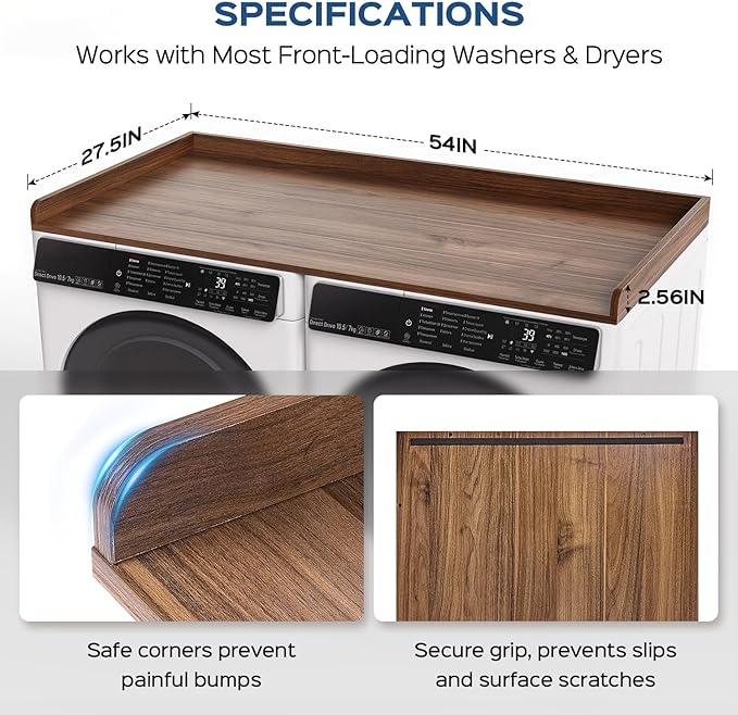 Washer Dryer Countertop, 27.5" x 54“ Wood Washer and Dryer Countertop with Edge Rails for Laundry Room Organization and Storage, Dark Walnut