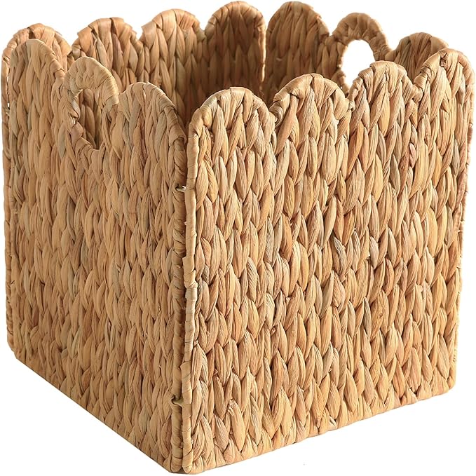 Scalloped Wicker Storage Cubes Basket, 12”x12“ Heavy Duty Paper rope/Hyacinth/Seagrass Baskets for Shelves, Foldable Natural Boho Square Bins (Water Hyacinth, 12 x 12 x 12in, 4-Pack)