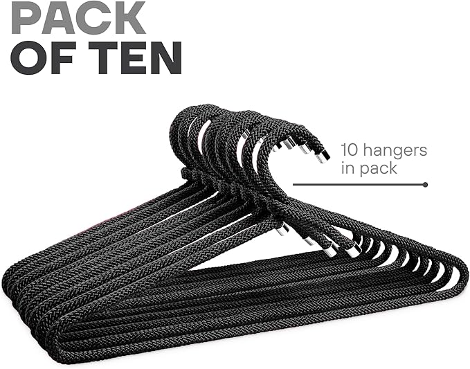 10 Pack Fabric Wrapped Premium Hotel Quality Ultra Strong Heavy Duty Metal Hangers for Any Type of Clothing, Black (Black)