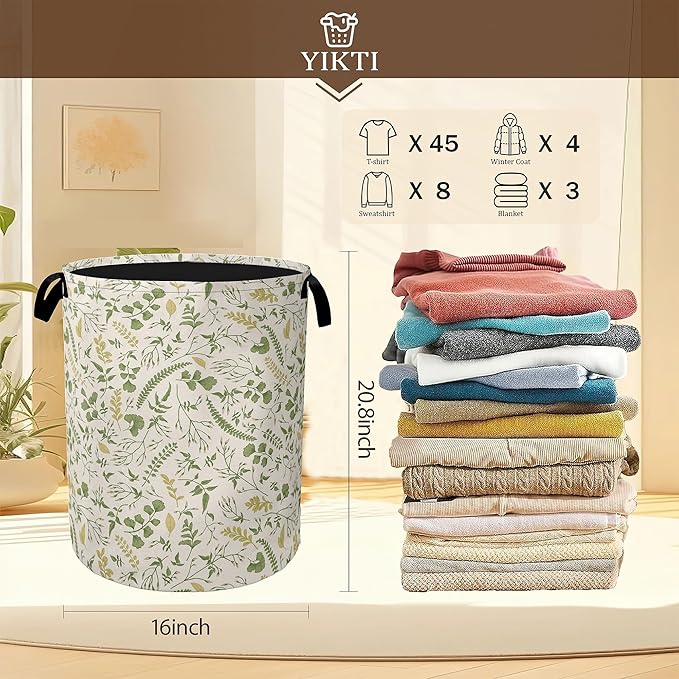 Green Herb Leaves Laundry Hamper,Rustic Wildflower Collapsible Laundry Baskets,Waterproof Oxford Cloth Laundry Room Organization for Bedroom,Bathroom,Nursery,16x20 Inch