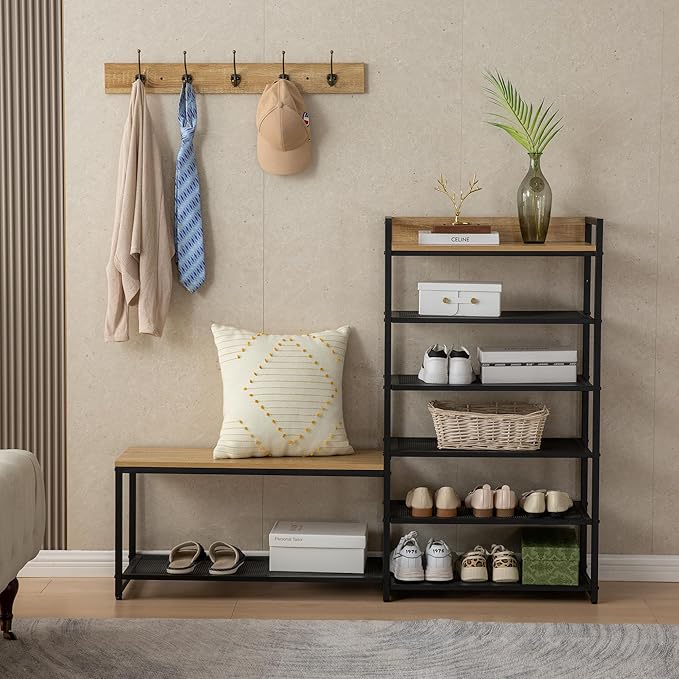 6-Tier Coat Rack Shoe Bench Set, Entryway Bench with 6 Hooks Coat Rack, Hall Tree and Shoe Storage for Entryway, Hallway, Garage, Bedroom (Vintage Oak)
