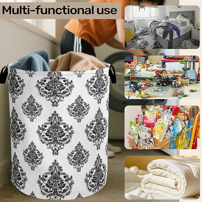 Black White Damask Flower Foldable Laundry Hamper - Waterproof Fabric Storage Basket with Handles, Clothes Hampers for Laundry,Bedroom,Dorm