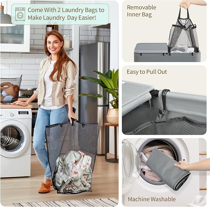 Yecaye 150L Laundry Hamper with Wheels, Rolling Laundry Basket with Lid and 2 Removable Laundry Bag, Large Capacity 2 Section Clothes Hampers for Laundry Room, Bedroom, Bathroom, Dorm, Grey