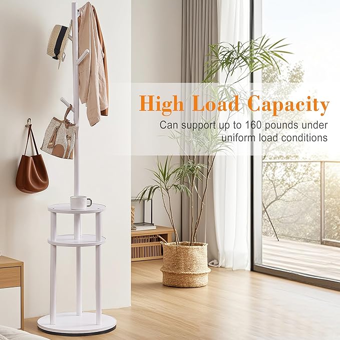 VECELO Coat Rack Freestanding, Entryway Hanger Stand, Umbrella Holder, Hall Tree With Hooks, Floor Standing Metal Tree Stand,White, Medium-sized