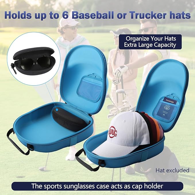 Hat Travel Case, Hard Hat Carrier Organizer with Clip & Glasses Storage, Holds 6 Baseball Caps for Home/Travel - Blue