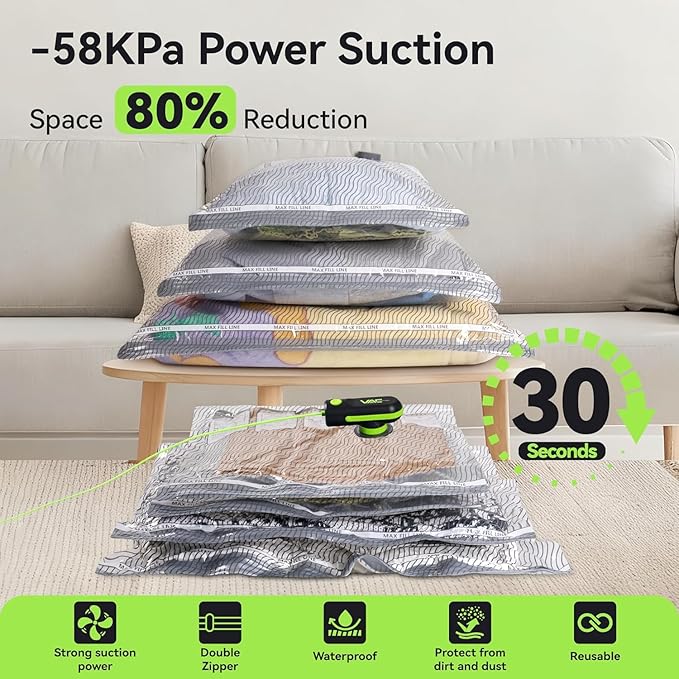 Travel Vacuum Storage Bags with USB and TYPE C Pump, 9 Pack Carry-On Size Compression Packing Bags for Luggage and Suitcase, Space Saver for Clothes and Clothing Travel（Green）