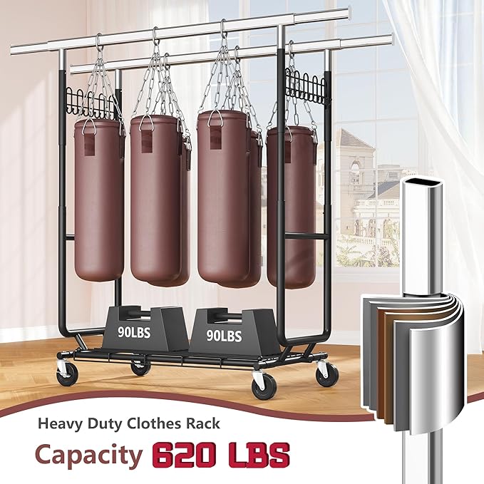 Hoctieon 2-Minute Assembly Double Rod Clothes Rack, Heavy Duty Rolling Clothing Racks with Wheels, Foldable Commercial Garment Rack, Extendable Hanging Bar, Adjustable Metal Pole with Hooks, Black