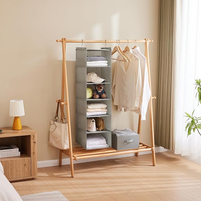 MAX Houser 6 Tier Shelf Hanging Closet Organizer, Closet Hanging Shelf with 2 Sturdy Hooks for Storage,2 Pack, Foldable (Light Grey)