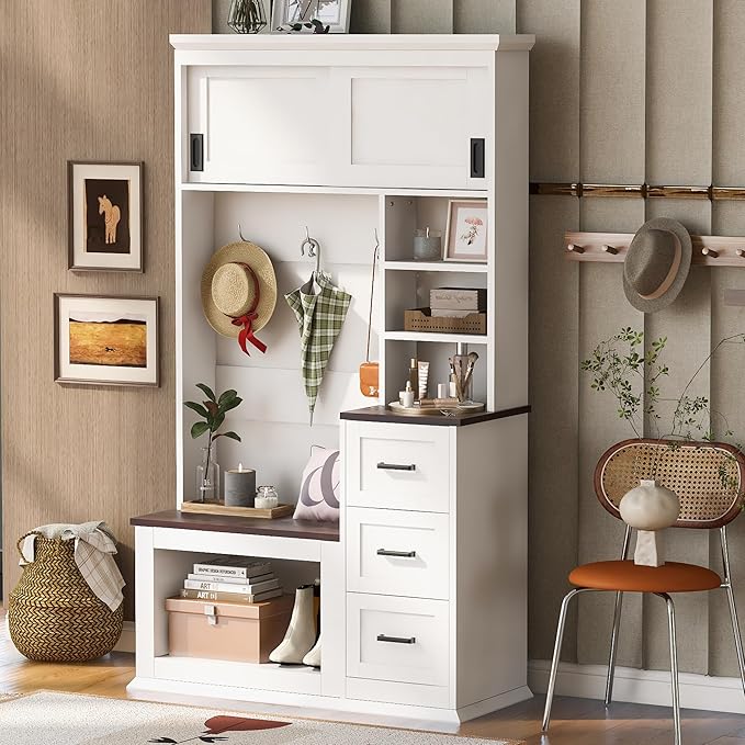 Modern Hall Tree with Top Storage, Coat Rack, 3 Shelves and Drawers, 3 Sturdy Hooks, 40.2'' Wide Hall Tree with Storage Bench for Hallway, Entryway, Living Room (White/331)