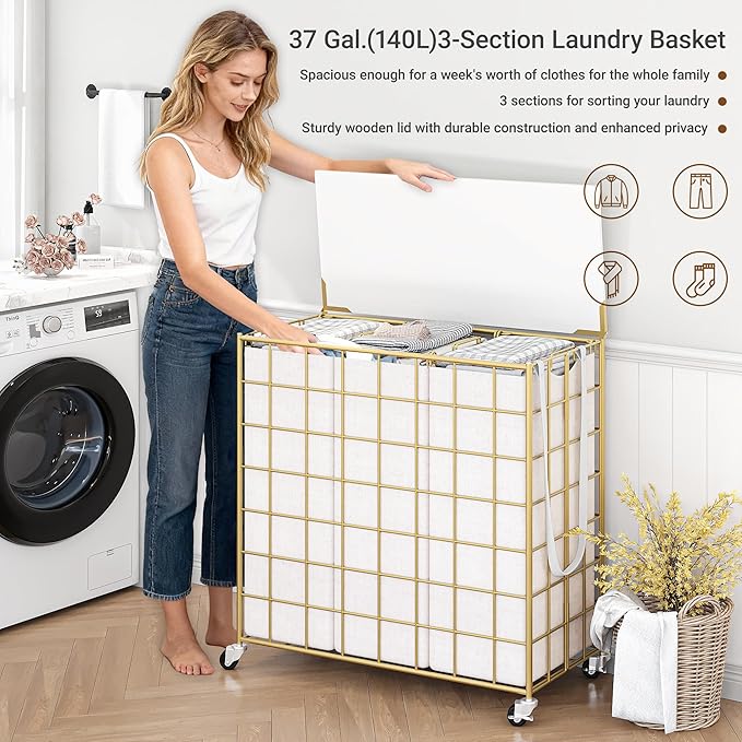 Laundry Basket with Wheels, Heavy Duty Laundry Sorter 3 Sections, 140L (37Gal.) Large Capacity Laundry Hamper with Wood Lid, 360 Rolling Wheels, Extra Side Pocket, Leather Pull Handle, Golden+Beige
