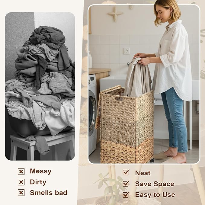 65 L Rolling Wicker Laundry Basket Laundry Hamper with Lid Decorative Woven Hamper with Washable Removable Liner Bags and Handles for Clothes Tricolor Natural Water Hyacinth(1 Sections)