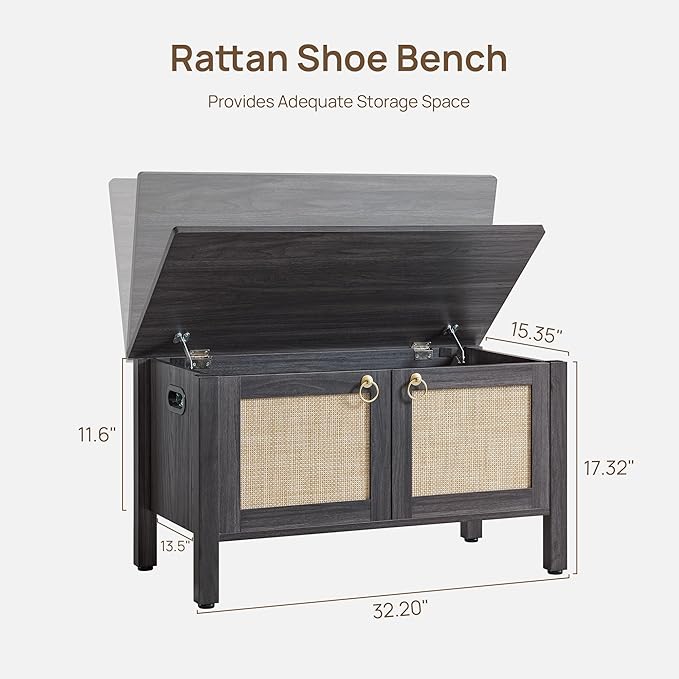 SICOTAS Shoe Rack Bench Entryway Bench with Lift Top Storage: Rattan Shoe Cabinet Bench with Safety Hinges, Farmhouse Boho Wooden Storage Chest for Bedroom, Entryway, Hallway, Living Room