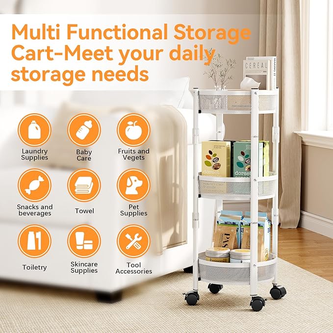 TOOLF 3-Tier Foldable Rolling Cart, Collapsible Metal Utility Cart with Wheels, No Assemble, Multifunction Storage Organizer Trolley for Kitchen, Bathroom, Dorm, Nursery, White