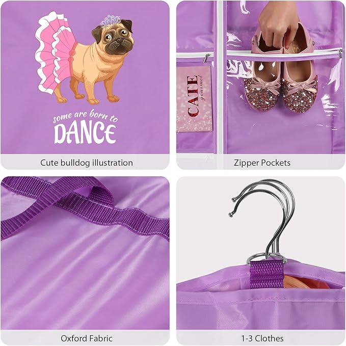 Univivi Dance Garment Bags for Dancers, 3" Gusseted Garment Bags for Dance Costumes with 5 Pockets, 40" Dance Garment Bag with Puppy Pattern for Dance Competitions and Travel, 3-Pack (Purple)