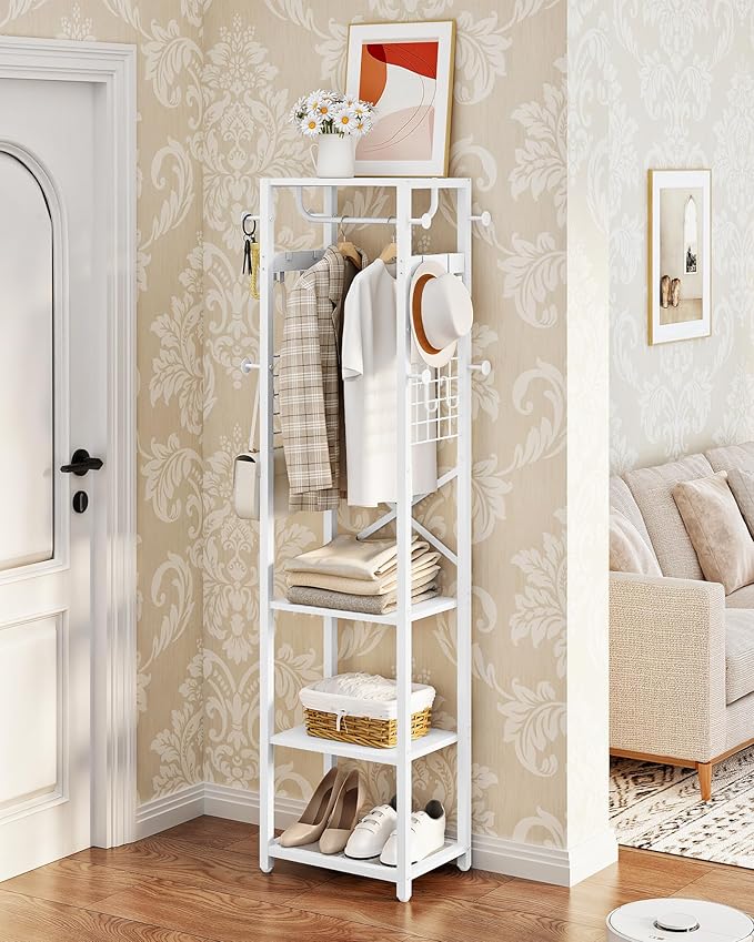 Coat Rack with Shelves, Freestanding Hall Tree, Coat Tree with 16 Hooks and Hanging Rail, Industrial Clothes Stand for Entryway, Hallway, Bedroom, White TYM18WB