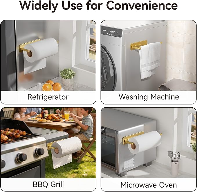 Heavy-Duty Magnetic Paper Towel Holder Fits Jumbo Rolls, Gold, Suitable for Kitchens, RVs, Washing Machines, BBQ Carts
