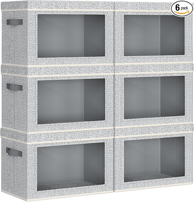 Collapsible Storage Bins with Lids - Stackable Storage Containers with Window, 6 Pack Fabric Cube Bins for Closet, Home & Office Organization Baskets, Light Gray, 14.9" x 9.8" x 9.8"