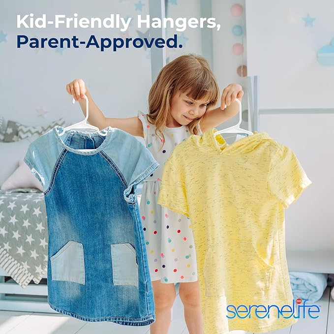 SereneLife 20 Pcs Plastic Kids Hangers – Lightweight Non-Slip Closet Organizers with Shoulder Grooves Ultra-Thin Space-Saving Design for Baby Toddler & Kids Clothes – Durable Holds Up to 6 lbs (White)
