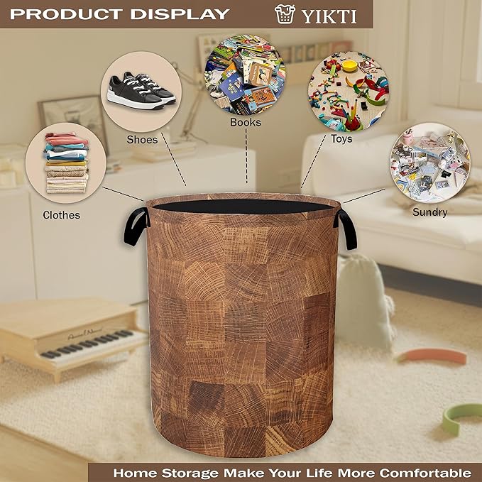 Wood Texture Pattern Laundry Basket,Rustic Farmhouse Clothes Hamper,Oxford Cloth Collapsible Nursery Hamper Storage Organization for Bedroom,Bathroom,Office,College Dorms,16x20 Inch