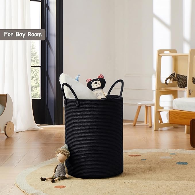 60L Black Woven Rope Hamper Laundry Basket for Clothes Tall Modern Blanket Storage Basket in Living Room Bedroom 15Dx20H inches