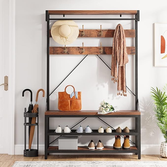 Industrial Hall Tree with Shoe Bench & Coat Rack - 8 Hooks, Storage Shelf & Hanging Bar for Entryway, Rustic Brown Wood Look Accent Furniture