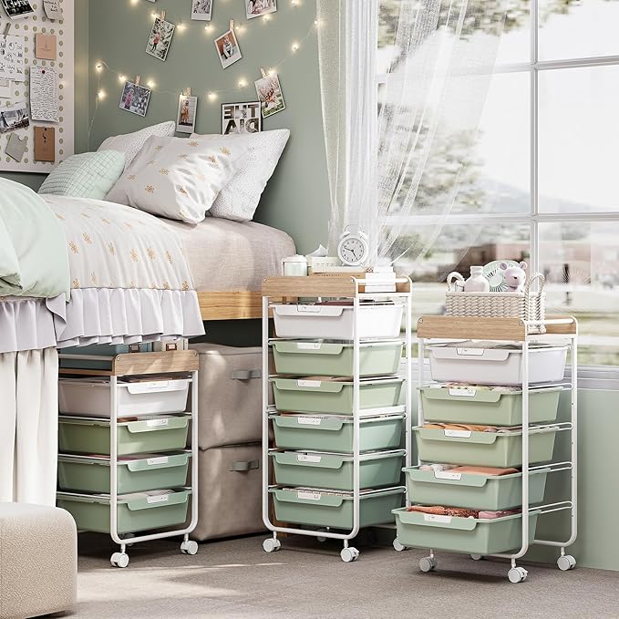 APEXCHASER Plastic Drawer Organizers with 5 Deep Drawers, Rolling Utility Cart with Wooden Top,Craft Storage Cart for Paperwork,Crafts,Snack,Kids’ Room,Nursery,Green