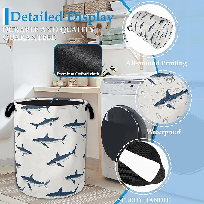 Blue Shark Ocean Laundry Basket Collapsible Laundry Hamper with Handle, Portable Clothes Toy Storage Bin for Bathroom Bedroom Room Decor, Gift Basket 16" X 20.8"