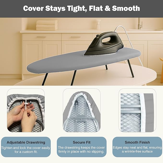 Small Ironing Board Cover and Pad 12"x32" Small Iron Board Cover with Padding,Tabletop Mini Ironing Board Cover and Pad Small Size, Cotton Canvas, Heat Resistant, Drawstring Gray